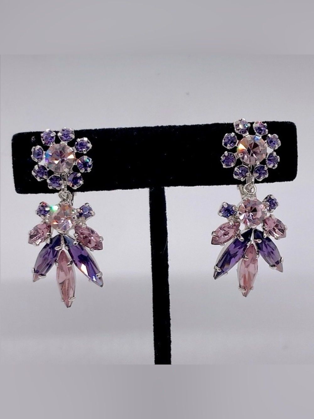 Rare Sherman Blush Pink & Purple Daisy Floral Spray Dangle Earrings | 1.6”